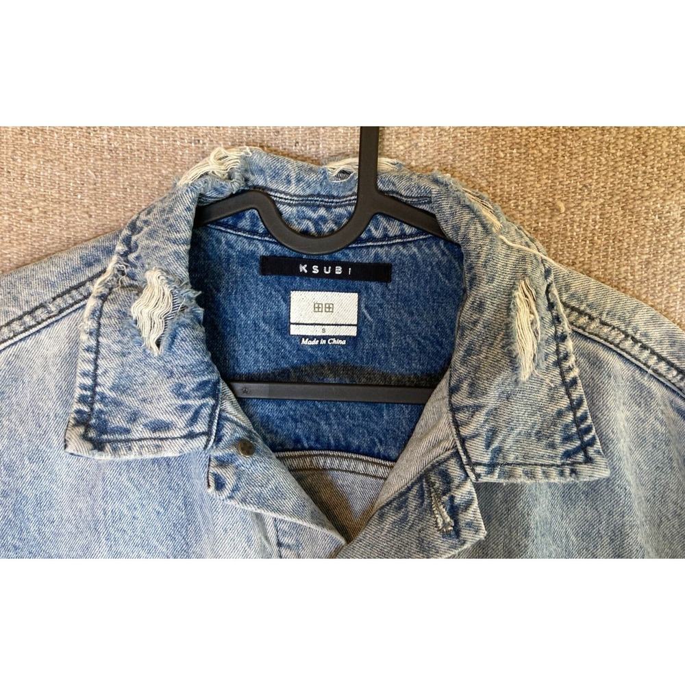 Mens  Sz Small KSUBI Distressed Jeans Denim Jacket Light Wash Rocker - Picture 6 of 10